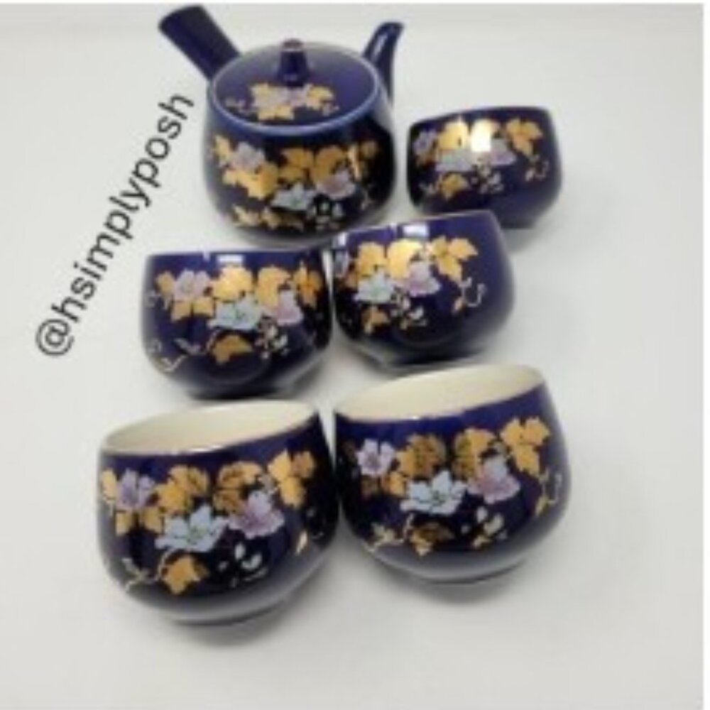 Vintage Japanese Yokode Kyusu Tea Set Cobalt Blue Gold Leaf Porcelain